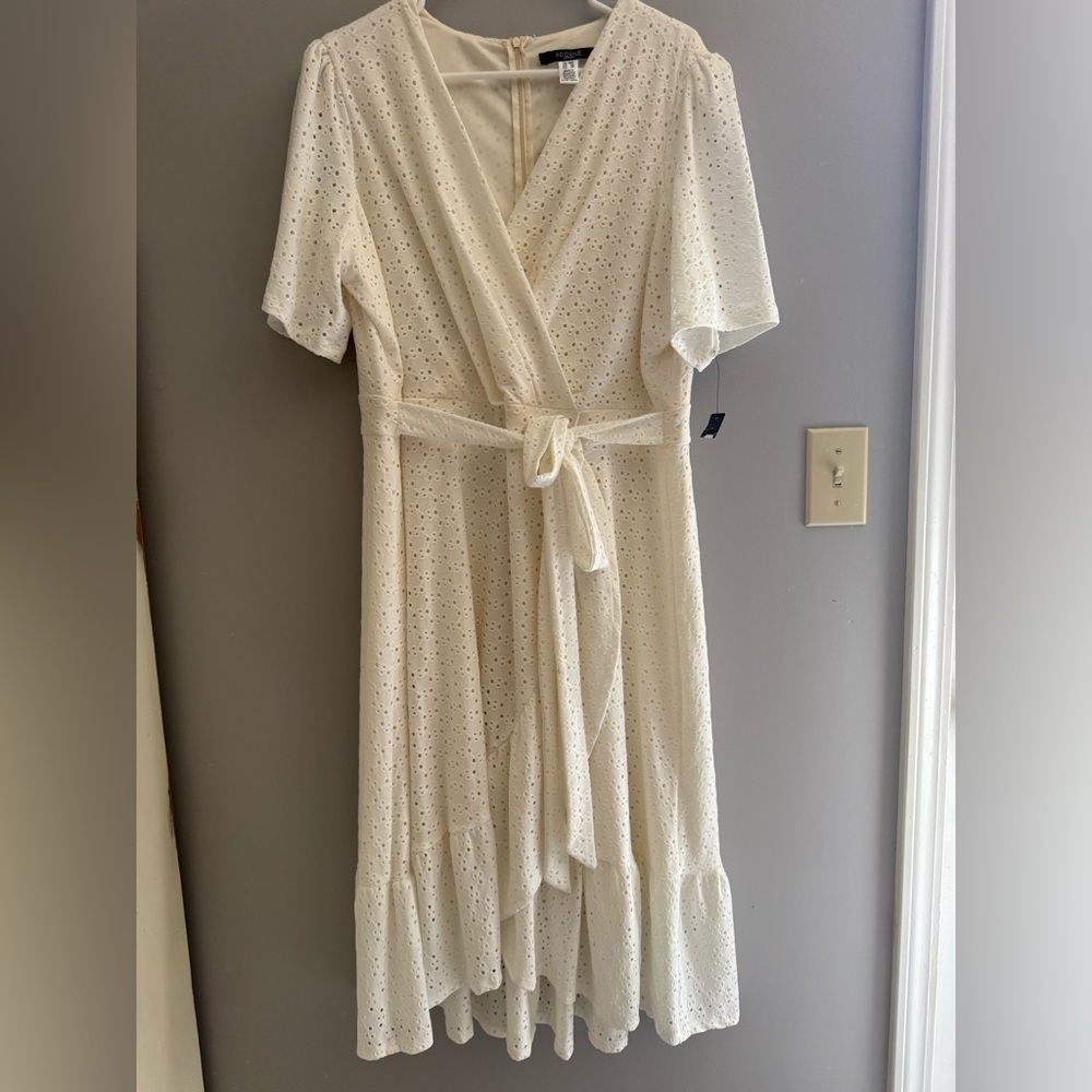 Adorne Womens White Crochet Faux Wrap Asymmetrical Dress SZ 18W Short Sleeve